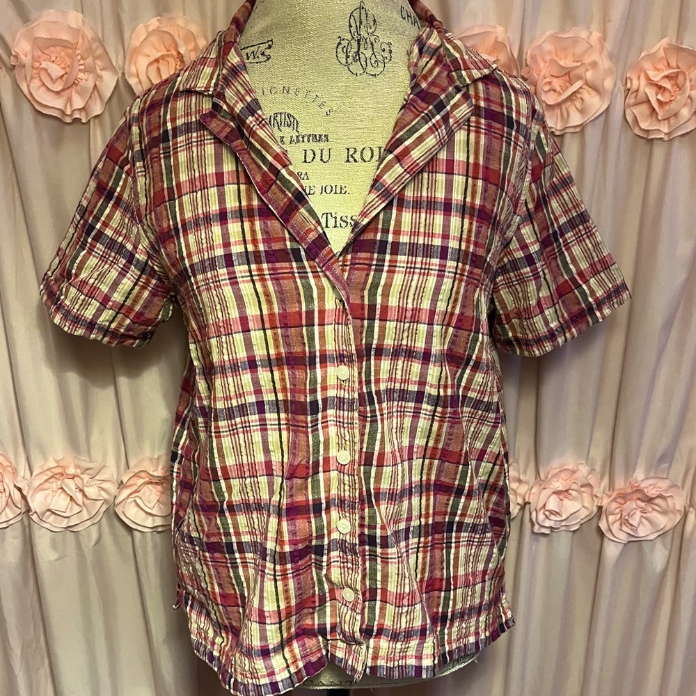 Gloria Vanderbilt Plaid Button Down Short Sleeve Shirt